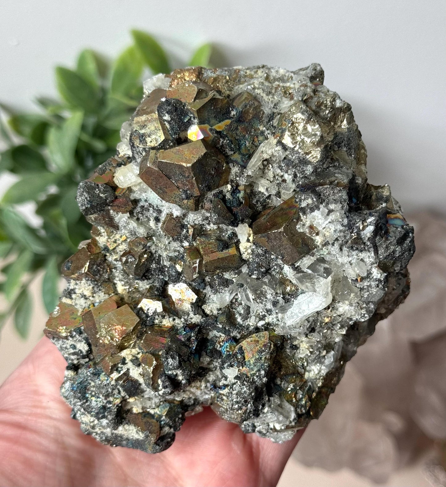 Beautiful Rainbow Pyrite on Calcite with Clear Quartz | Irredescent Pyrite Calcite & Quartz