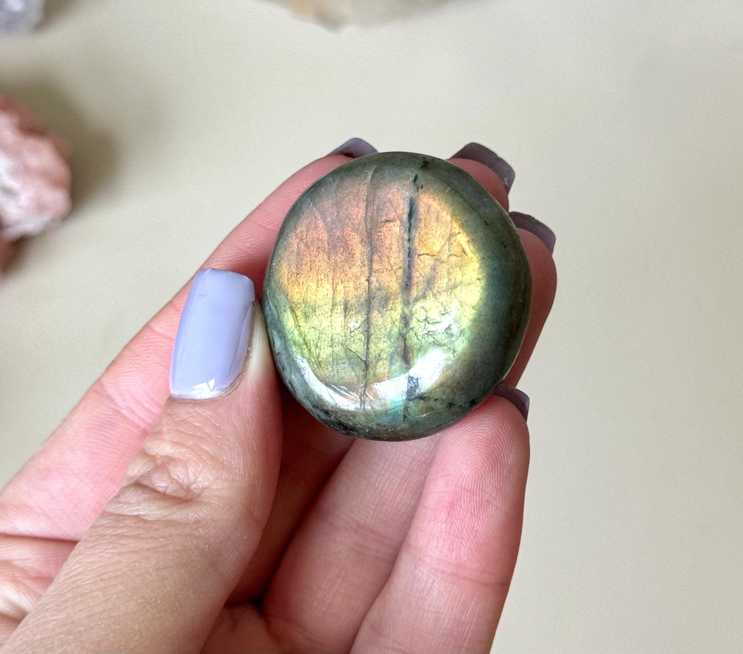 Stunning Labradorite Coin | Sunset Labradorite Palm Stone with Rainbow Flash