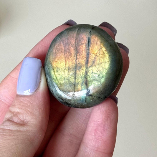 Stunning Labradorite Coin | Sunset Labradorite Palm Stone with Rainbow Flash