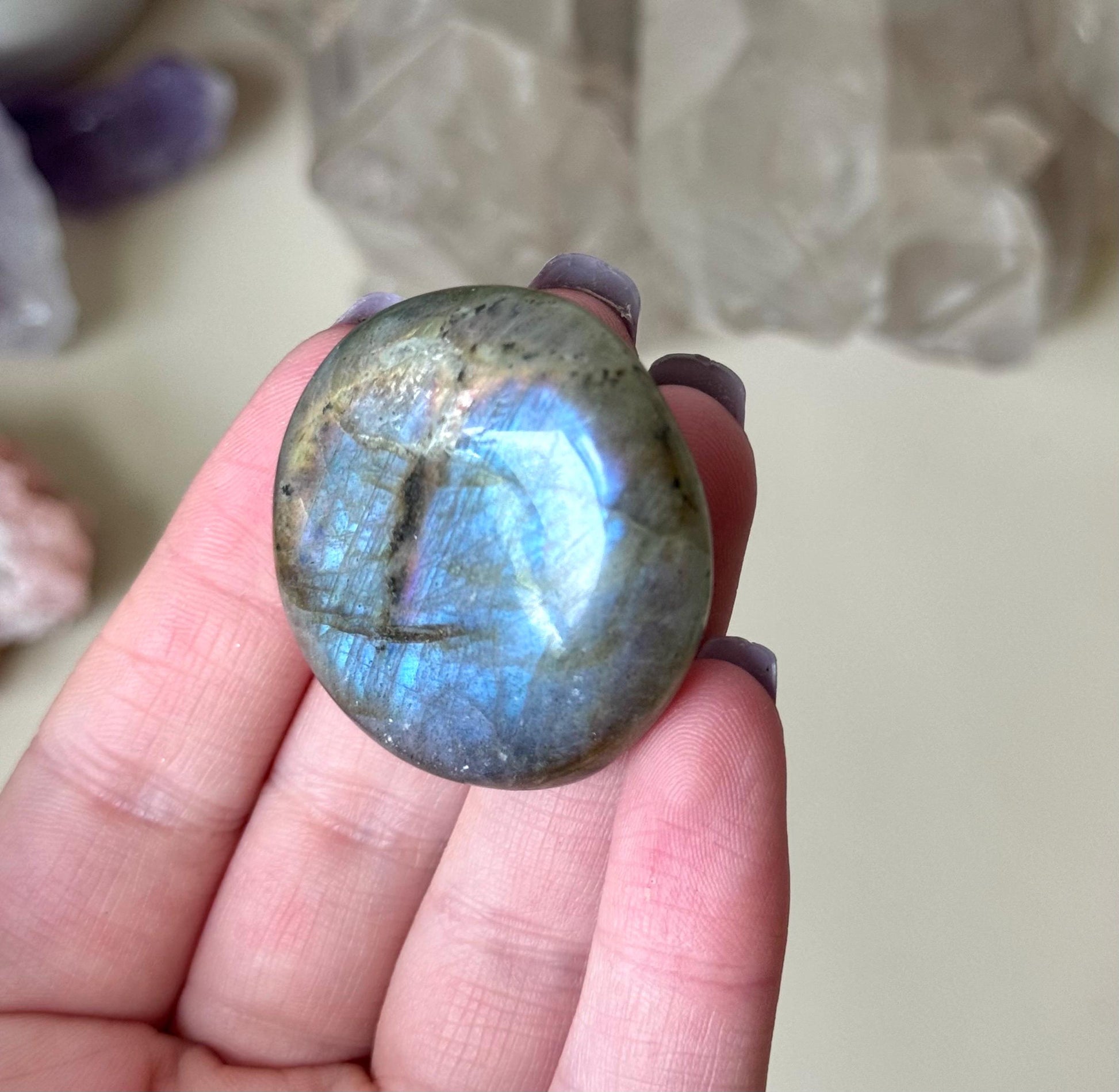 Stunning Purple Labradorite Coin | Sunset Labradorite Palm Stone with Purple & Blue Flash