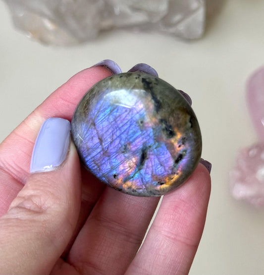 Stunning Purple Labradorite Coin | Sunset Labradorite Palm Stone with Purple & Blue Flash