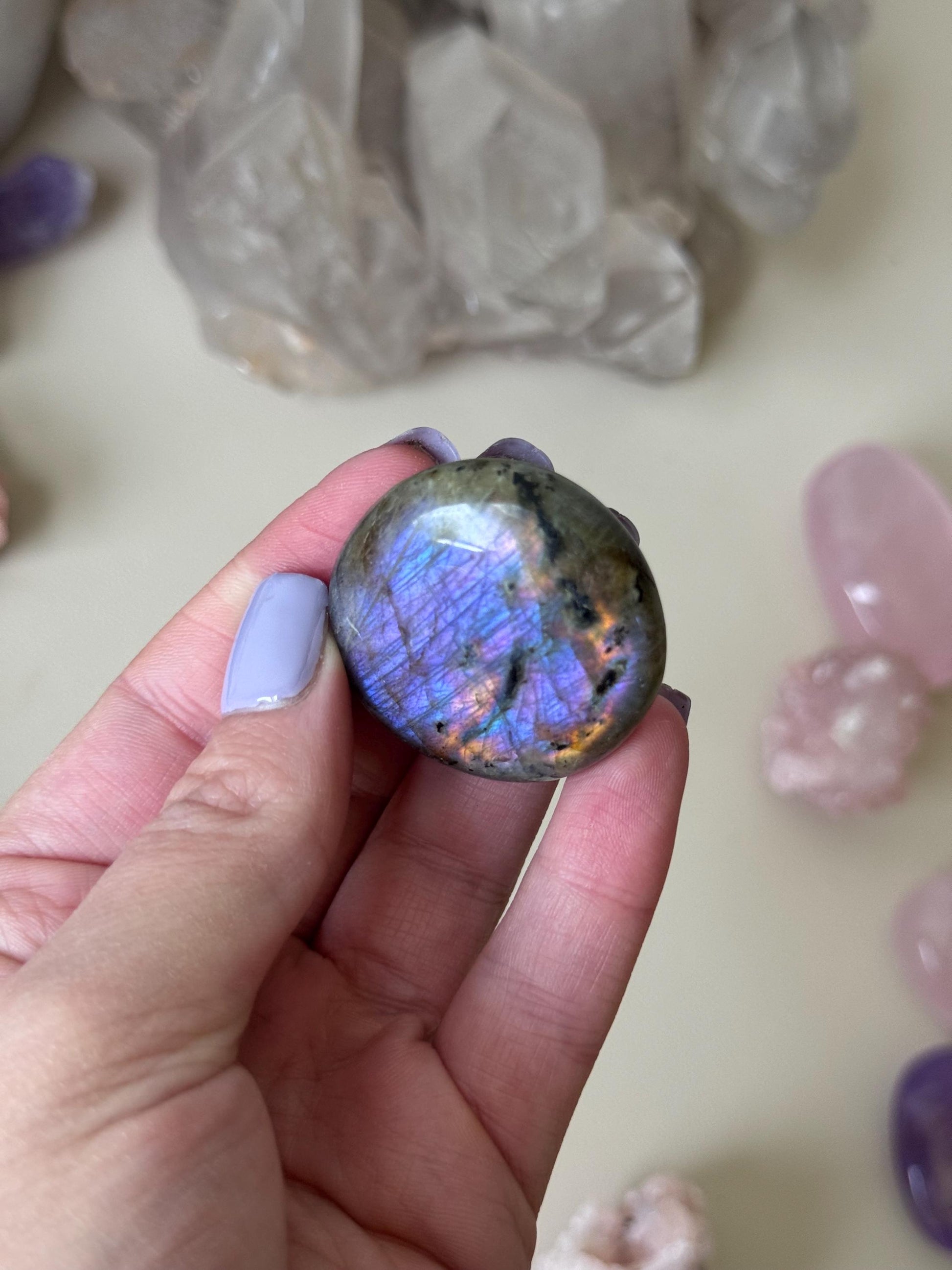 Stunning Purple Labradorite Coin | Sunset Labradorite Palm Stone with Purple & Blue Flash