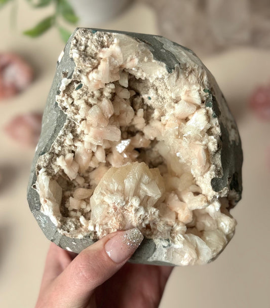 Stunning Pink Heulandite with Peach Stilbite Geode | Pink Apophyllite with Stilbite Specimen
