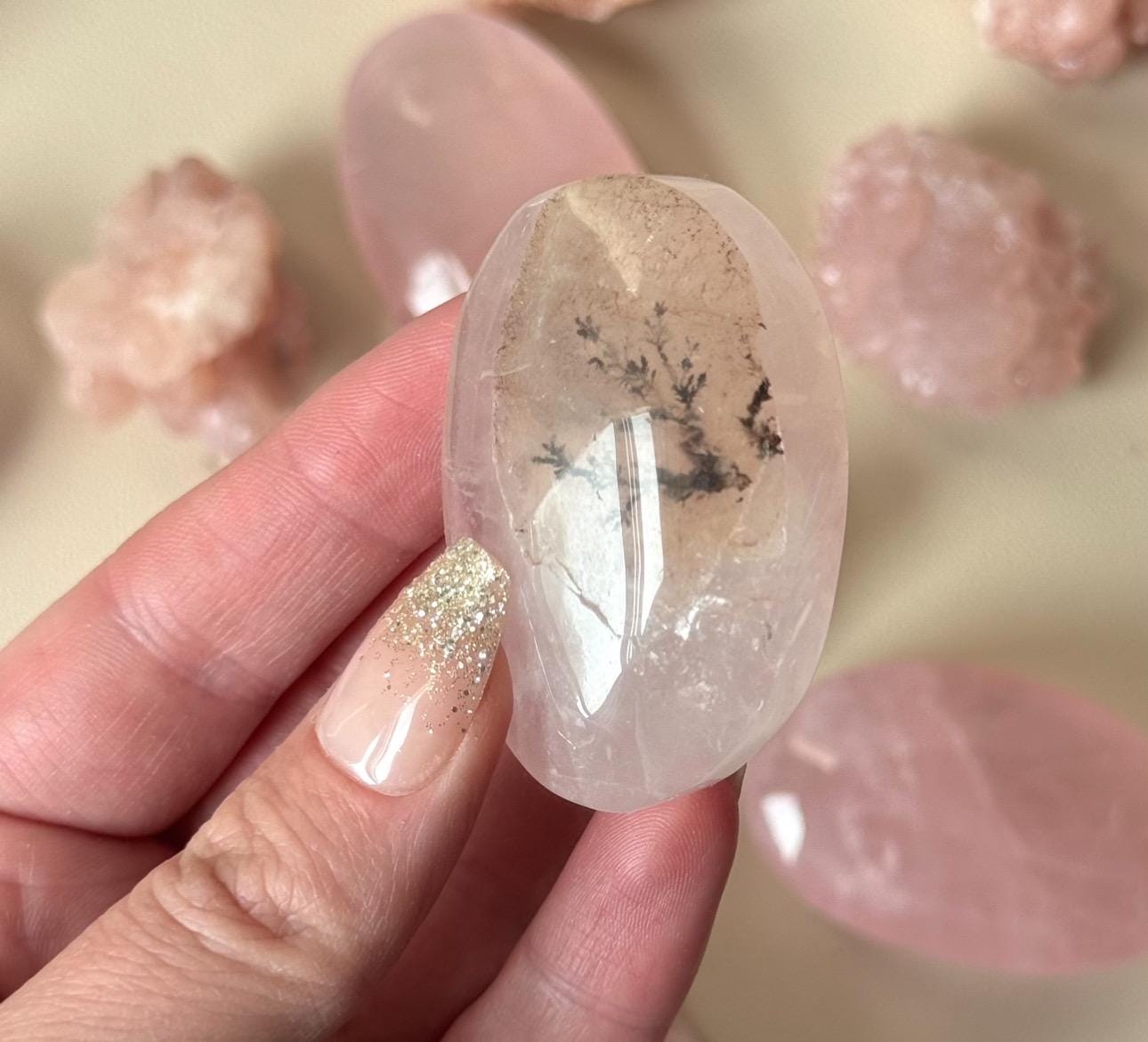Gorgeous Rose Quartz Palmstone with Dentritic Inclusions | Dentritic Rose Quartz Palm Stone