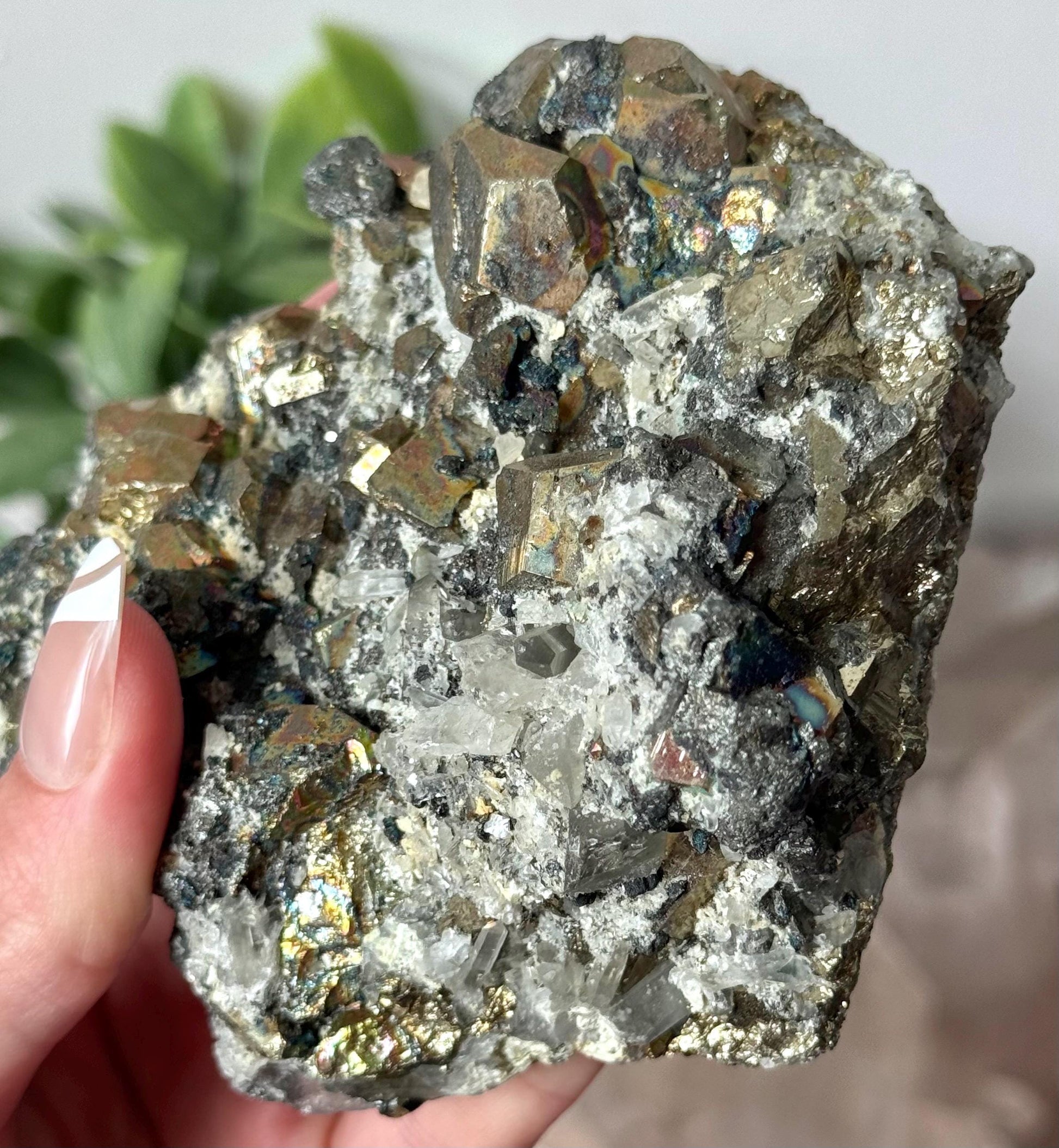 Beautiful Rainbow Pyrite on Calcite with Clear Quartz | Irredescent Pyrite Calcite & Quartz