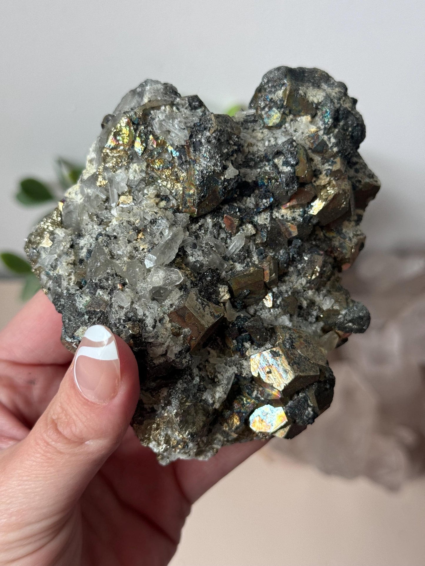 Beautiful Rainbow Pyrite on Calcite with Clear Quartz | Irredescent Pyrite Calcite & Quartz