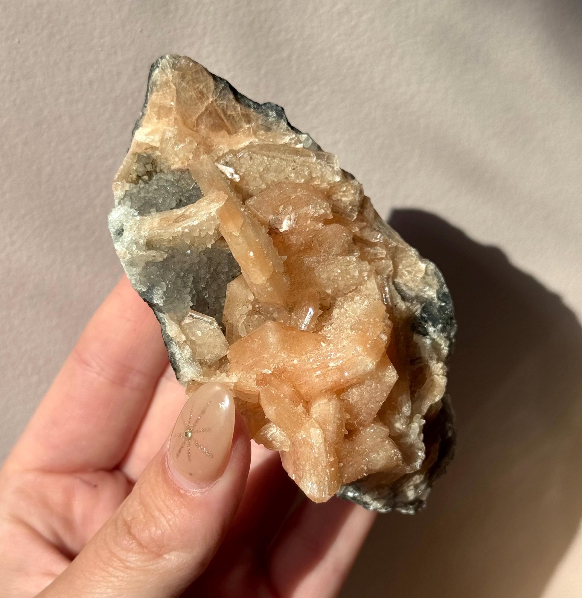 Beautiful Druzy Blue Chalcedony with Peach Stillbites Cluster from India