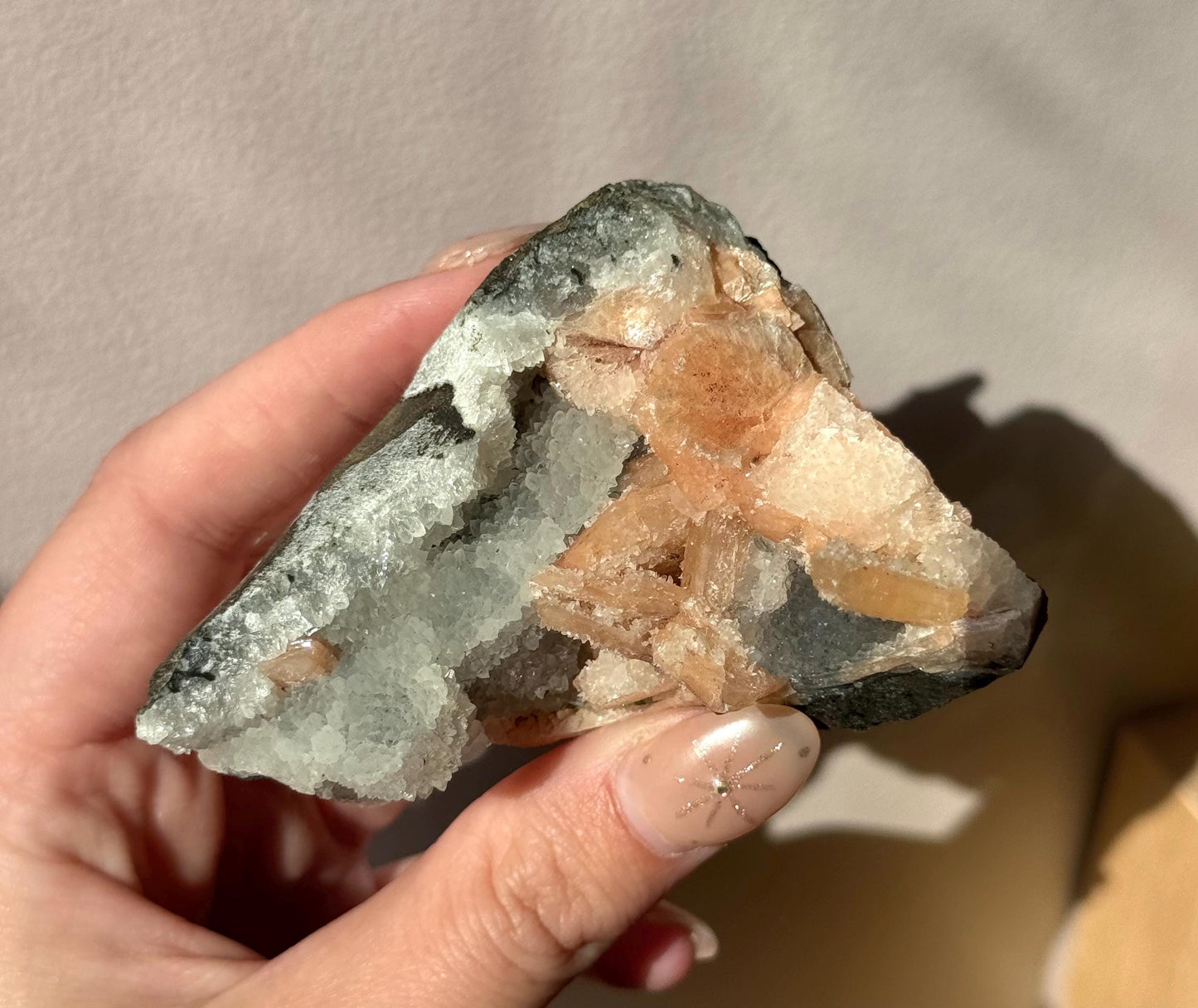 Beautiful Druzy Blue Chalcedony with Peach Stillbites Cluster from India