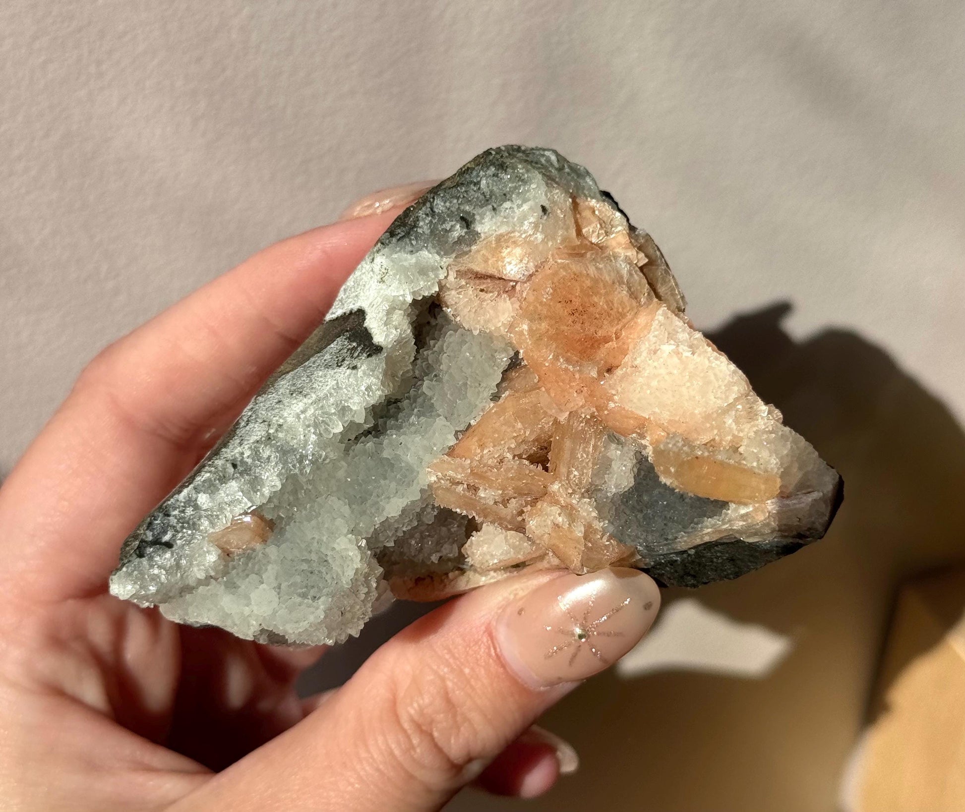 Beautiful Druzy Blue Chalcedony with Peach Stillbites Cluster from India