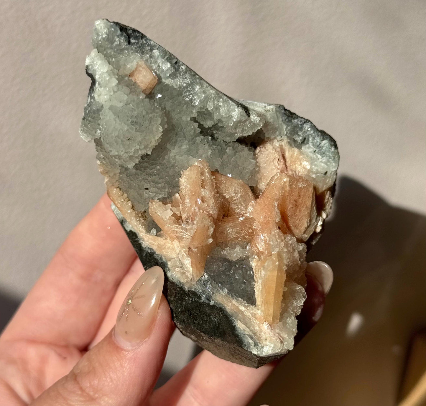 Beautiful Druzy Blue Chalcedony with Peach Stillbites Cluster from India