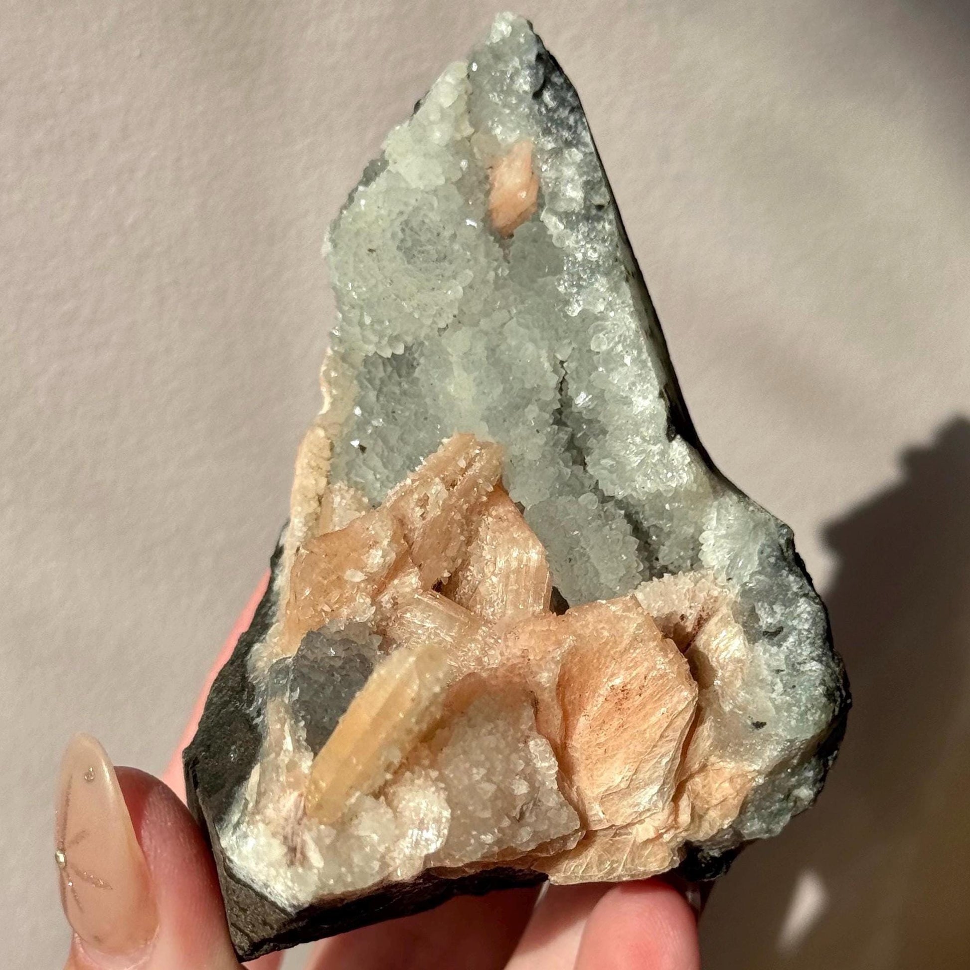 Beautiful Druzy Blue Chalcedony with Peach Stillbites Cluster from India