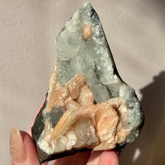 Beautiful Druzy Blue Chalcedony with Peach Stillbites Cluster from India
