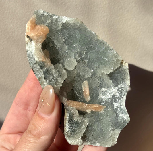 Beautiful Druzy Blue Chalcedony with Peach Stillbites Cluster from India