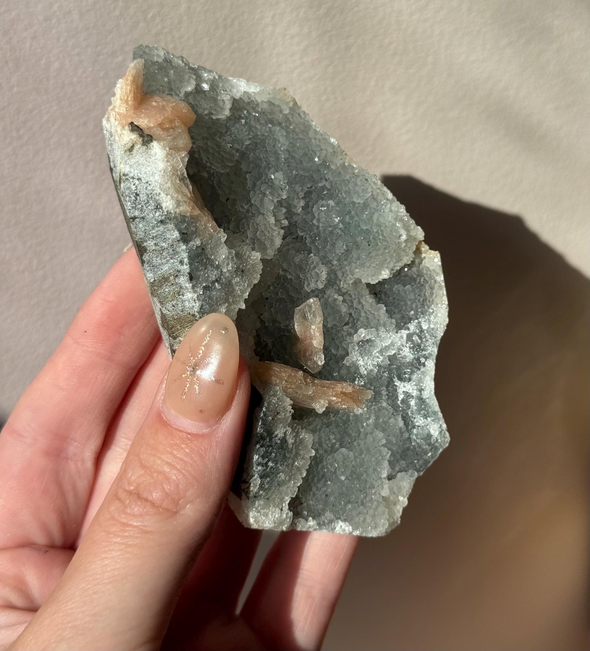 Beautiful Druzy Blue Chalcedony with Peach Stillbites Cluster from India