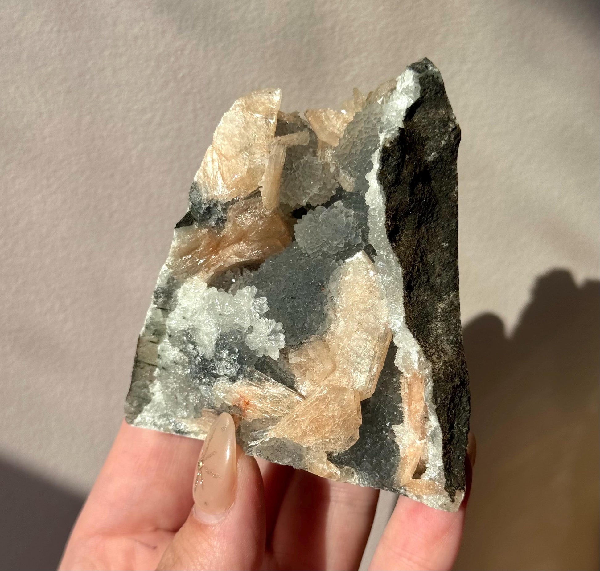 Beautiful Druzy Blue Chalcedony with Peach Stillbites Cluster from India