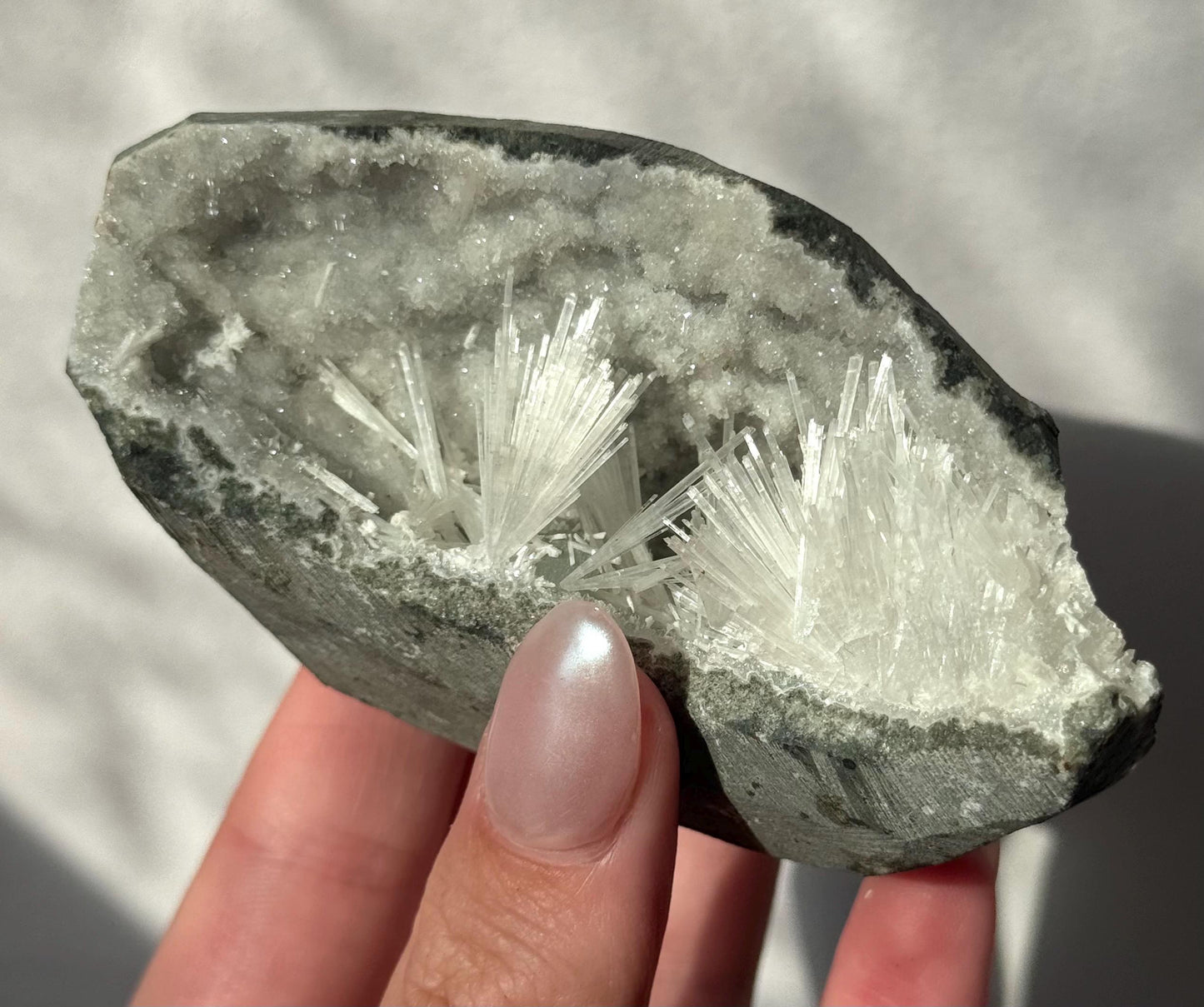 Beautiful Mesolite on Druzy Apophyllite Geode from India | Mesolite Specimen on Apophyllite