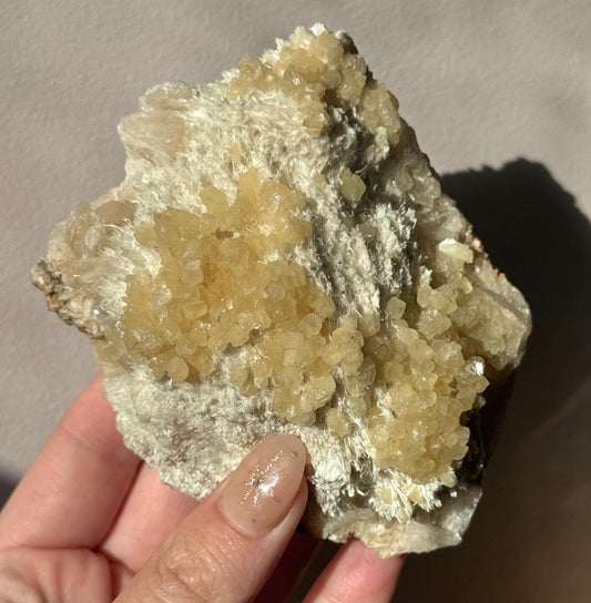 Beautiful White Stilbite with Honey Calcite & Druzy Apophyllite Specimen from India
