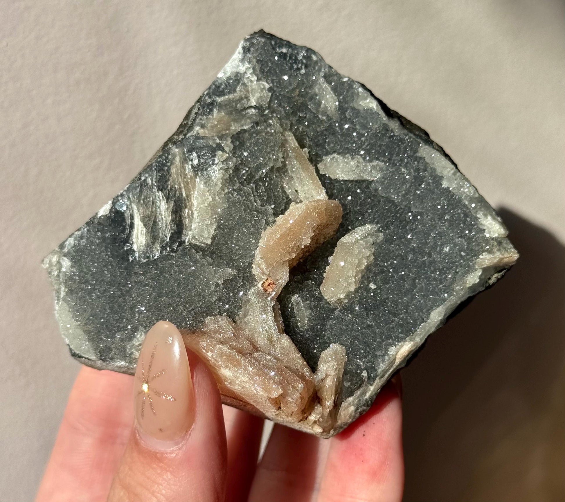 Beautiful Druzy Blue Chalcedony with Peach Stillbites Cluster from India