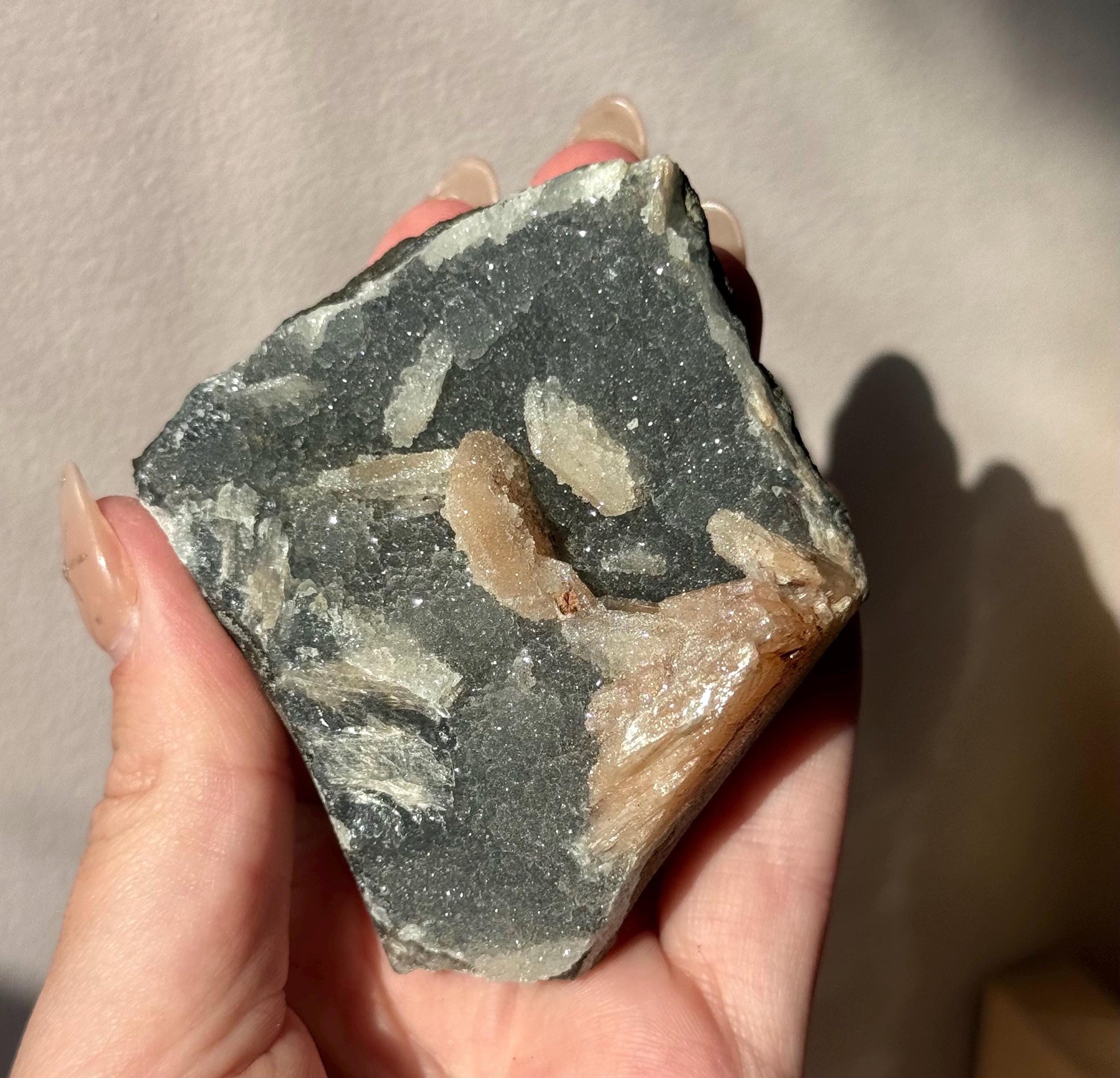 Beautiful Druzy Blue Chalcedony with Peach Stillbites Cluster from India