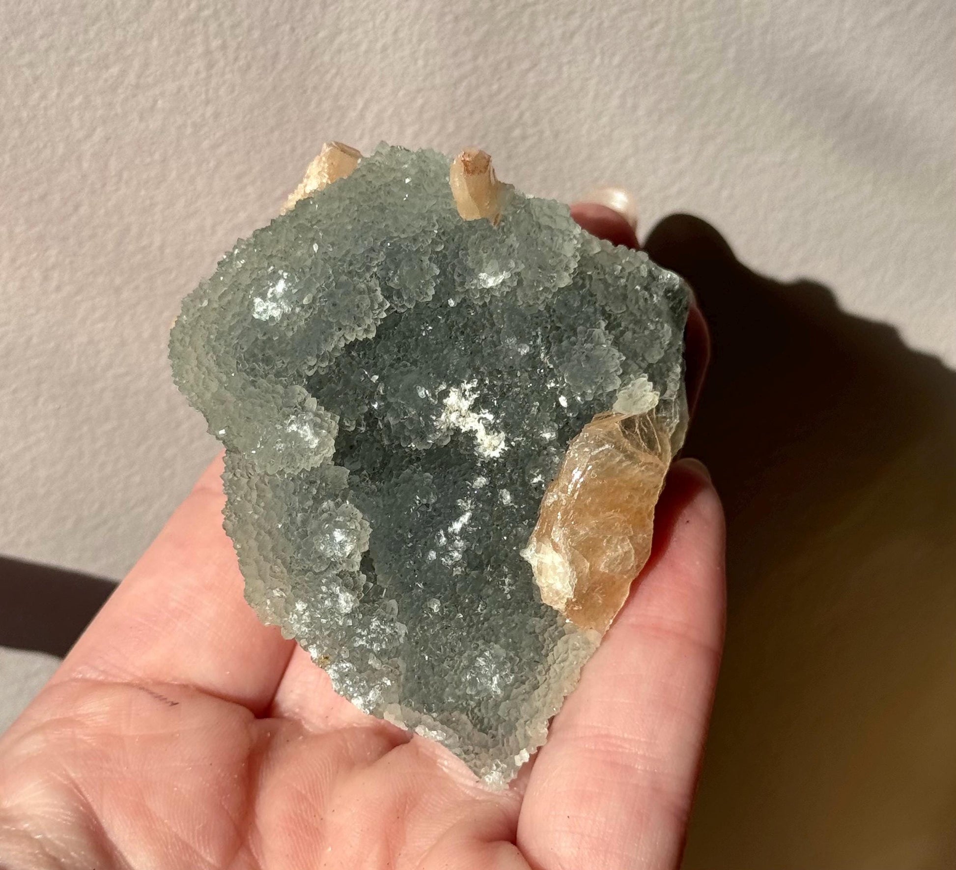 Beautiful Druzy Blue Chalcedony with Peach Stillbites Cluster from India