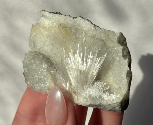 Beautiful Mesolite on Druzy Apophyllite Geode from India | Small Mesolite Specimen on Apophyllite