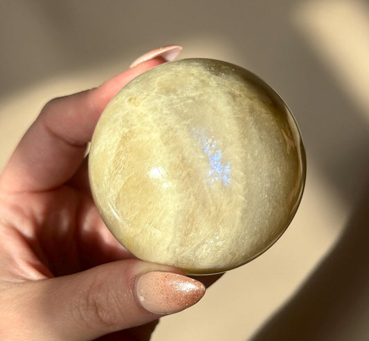 Beautiful Moonstone Sphere with Blue and White Flash | 70mm Moonstone Crystal Ball