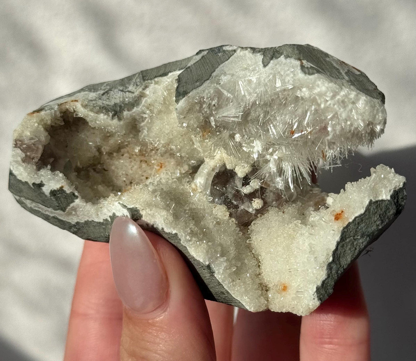 Beautiful Mesolite on Druzy Apophyllite Geode from India | Mesolite Specimen on Apophyllite