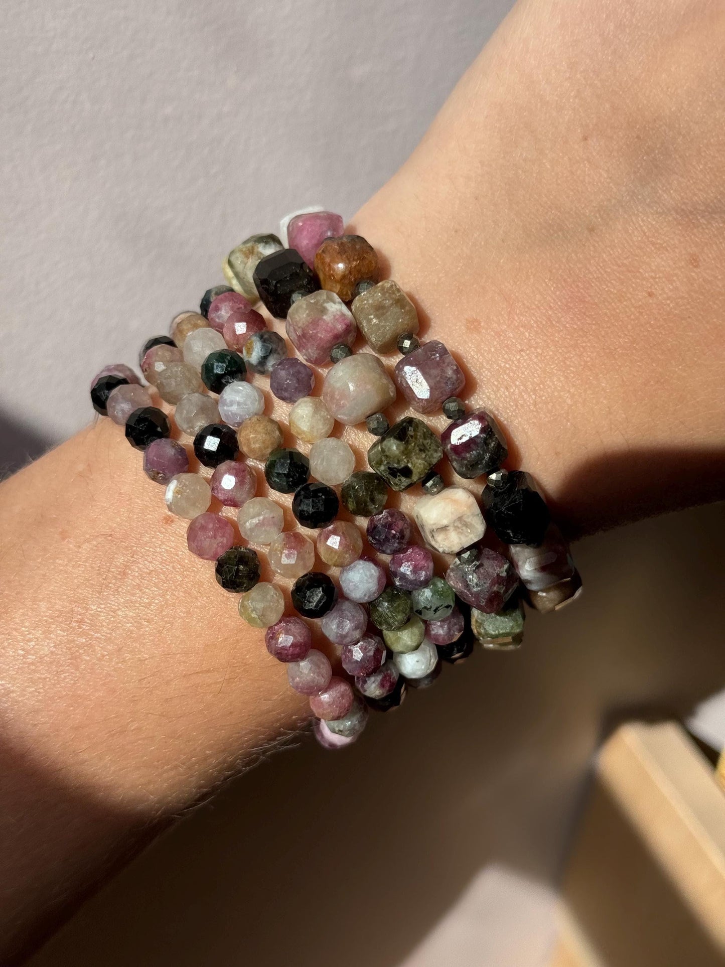 Stunning Watermelon Tourmaline & Pyrite Beaded Bracelet | 10mm Cube Beads Rainbow Tourmaline Accessory