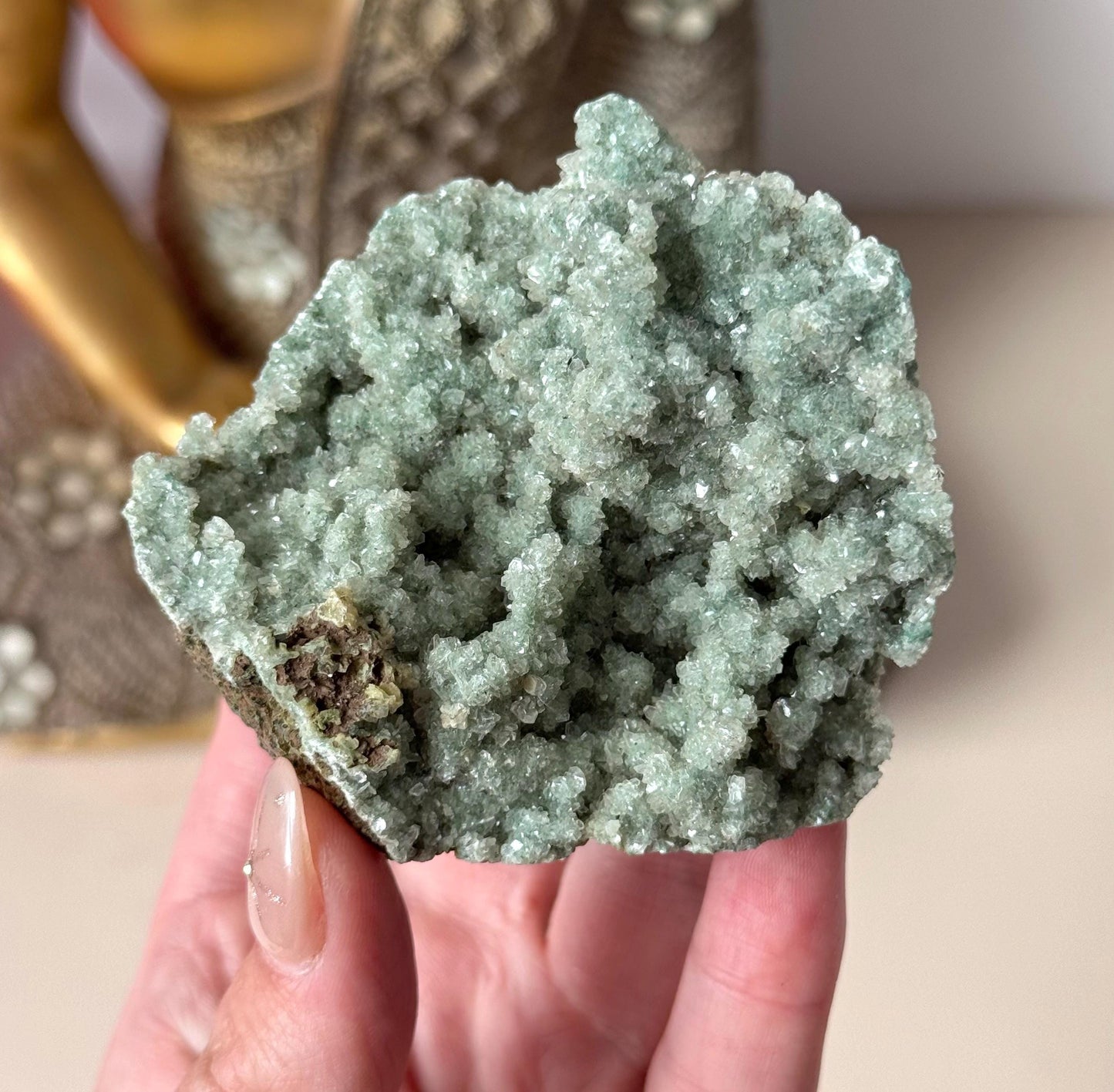 Stunning Green Chalcedony with Druzy Apophyllite and Heulandite Cluster from India