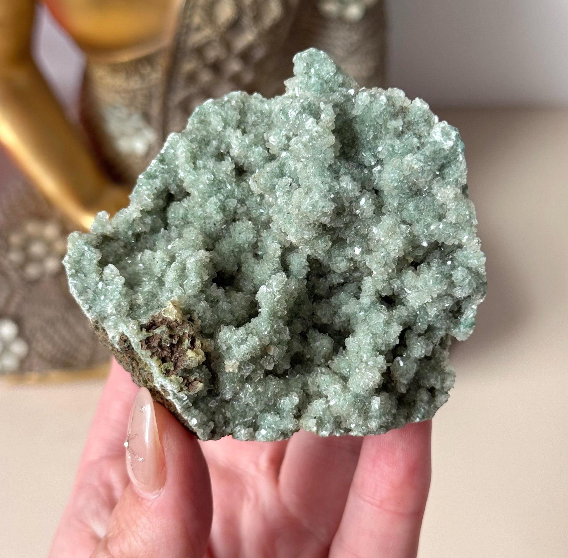 Stunning Green Chalcedony with Druzy Apophyllite and Heulandite Cluster from India