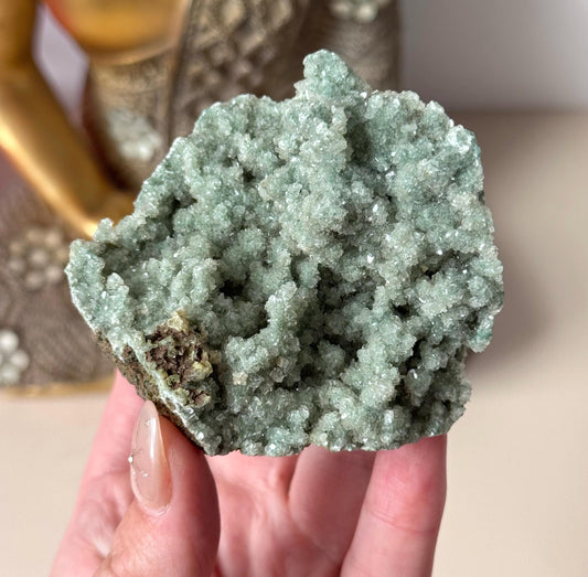 Stunning Green Chalcedony with Druzy Apophyllite and Heulandite Cluster from India