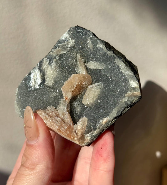 Beautiful Druzy Blue Chalcedony with Peach Stillbites Cluster from India