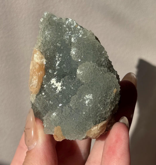 Beautiful Druzy Blue Chalcedony with Peach Stillbites Cluster from India