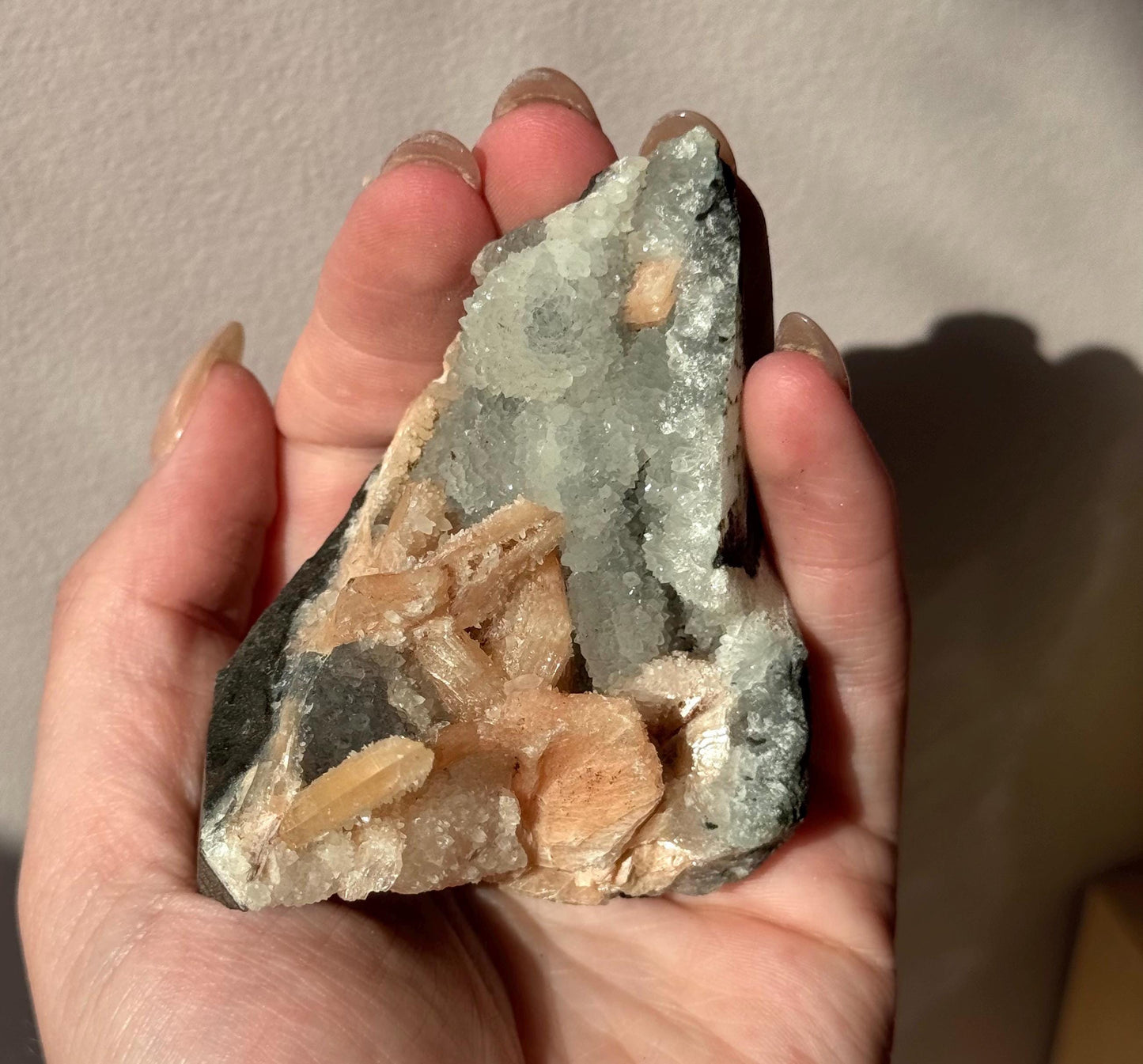 Beautiful Druzy Blue Chalcedony with Peach Stillbites Cluster from India