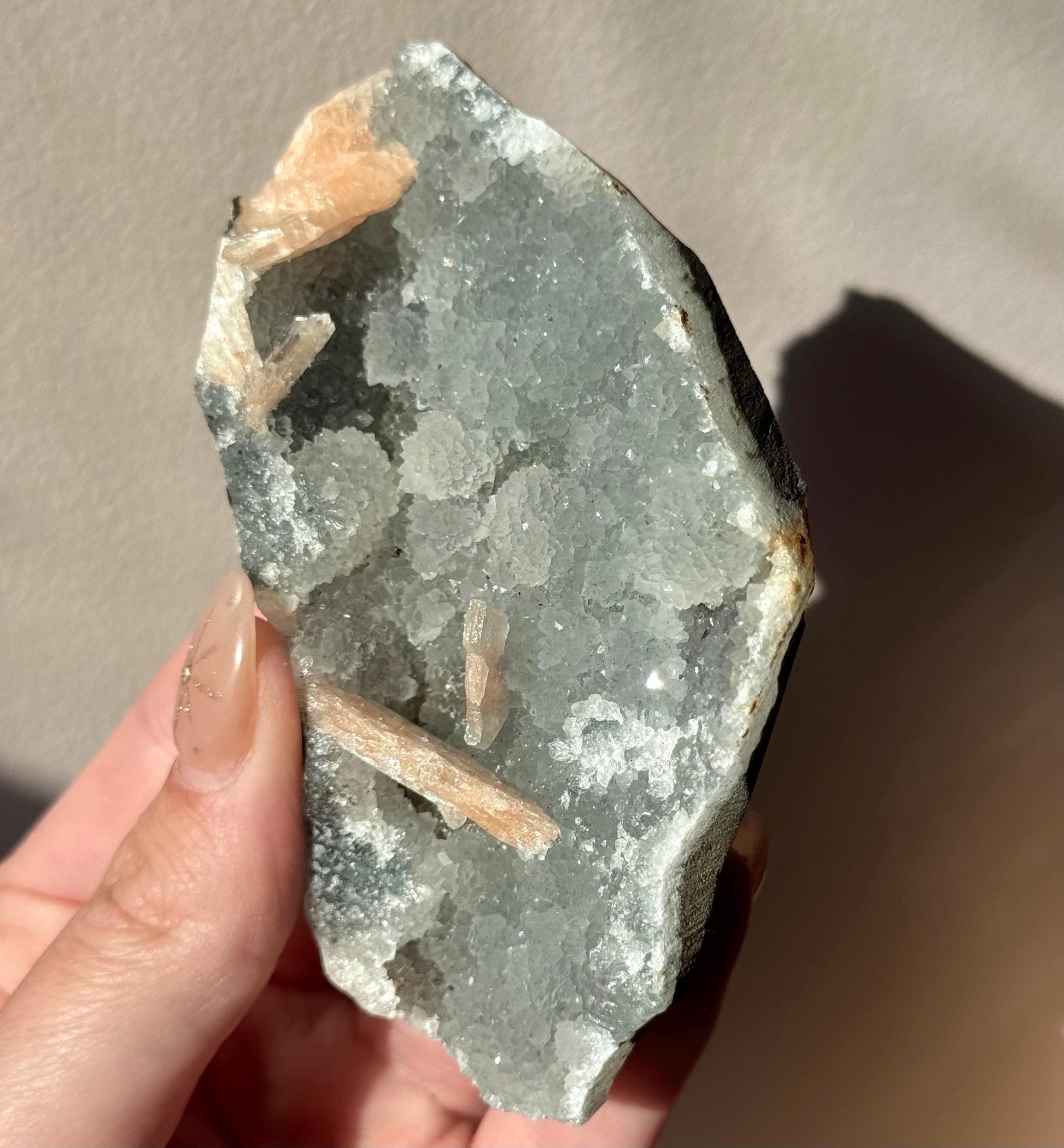 Beautiful Druzy Blue Chalcedony with Peach Stillbites Cluster from India