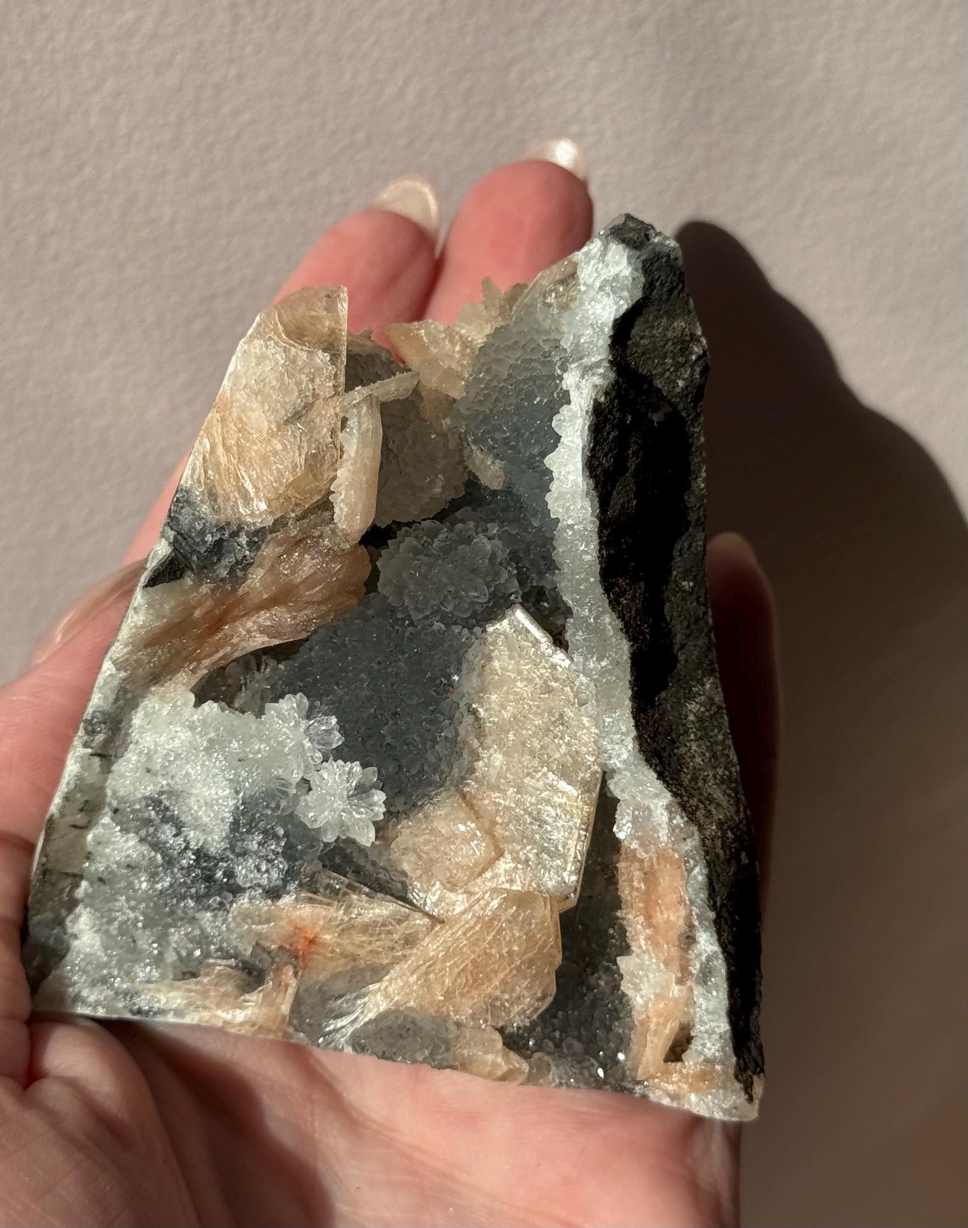 Beautiful Druzy Blue Chalcedony with Peach Stillbites Cluster from India
