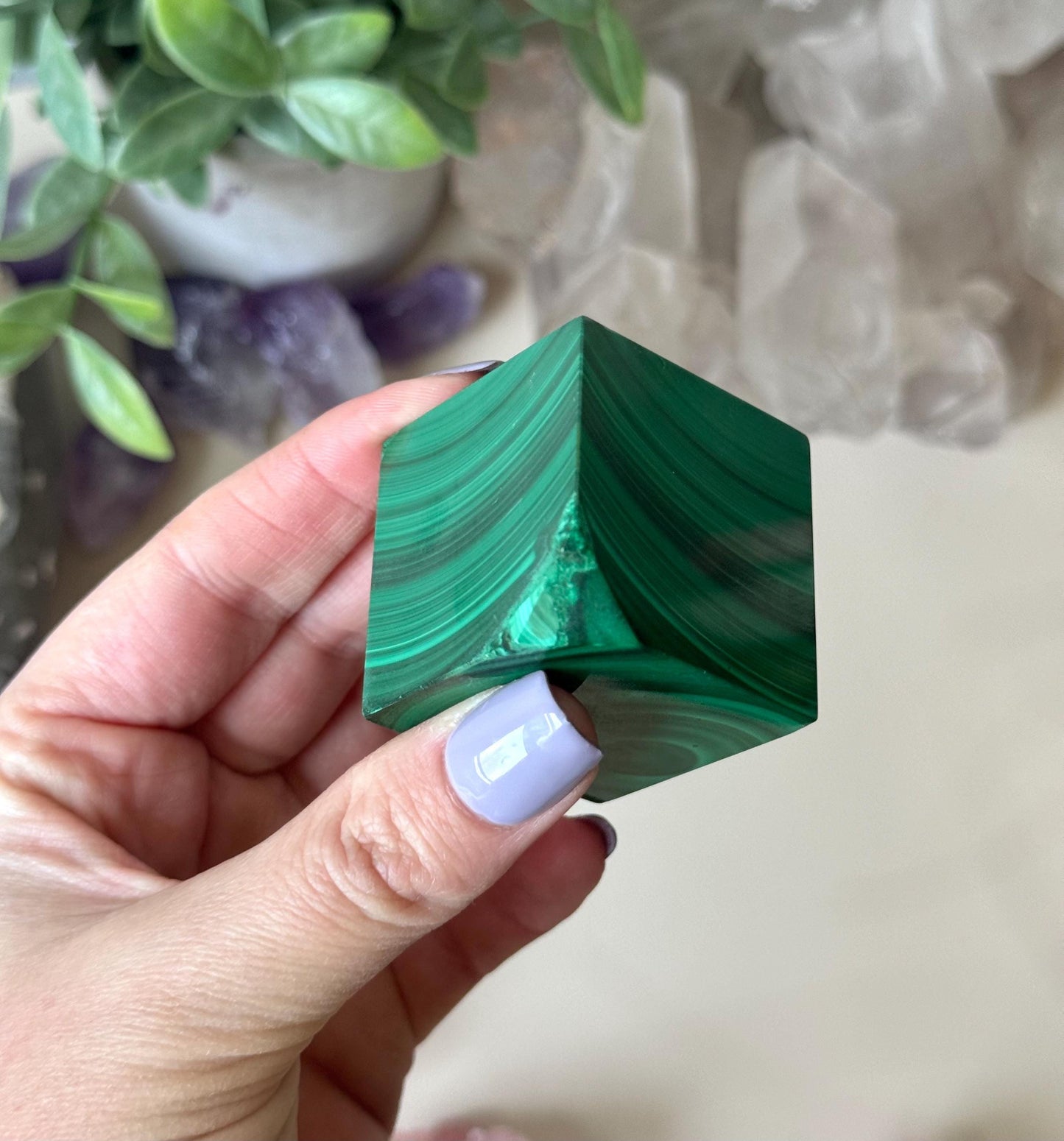 Beautiful Malachite Cube | Banded Malachite Tilted Cube Polished