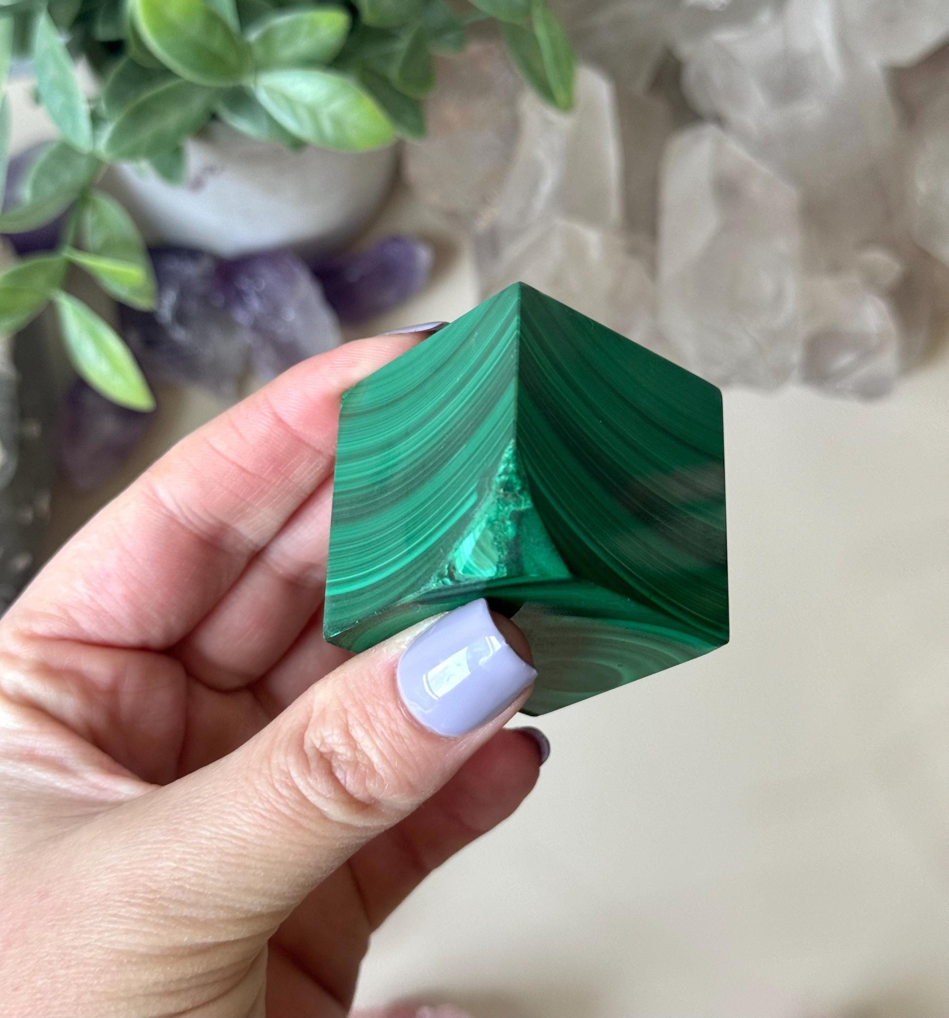 Beautiful Malachite Cube | Banded Malachite Tilted Cube Polished