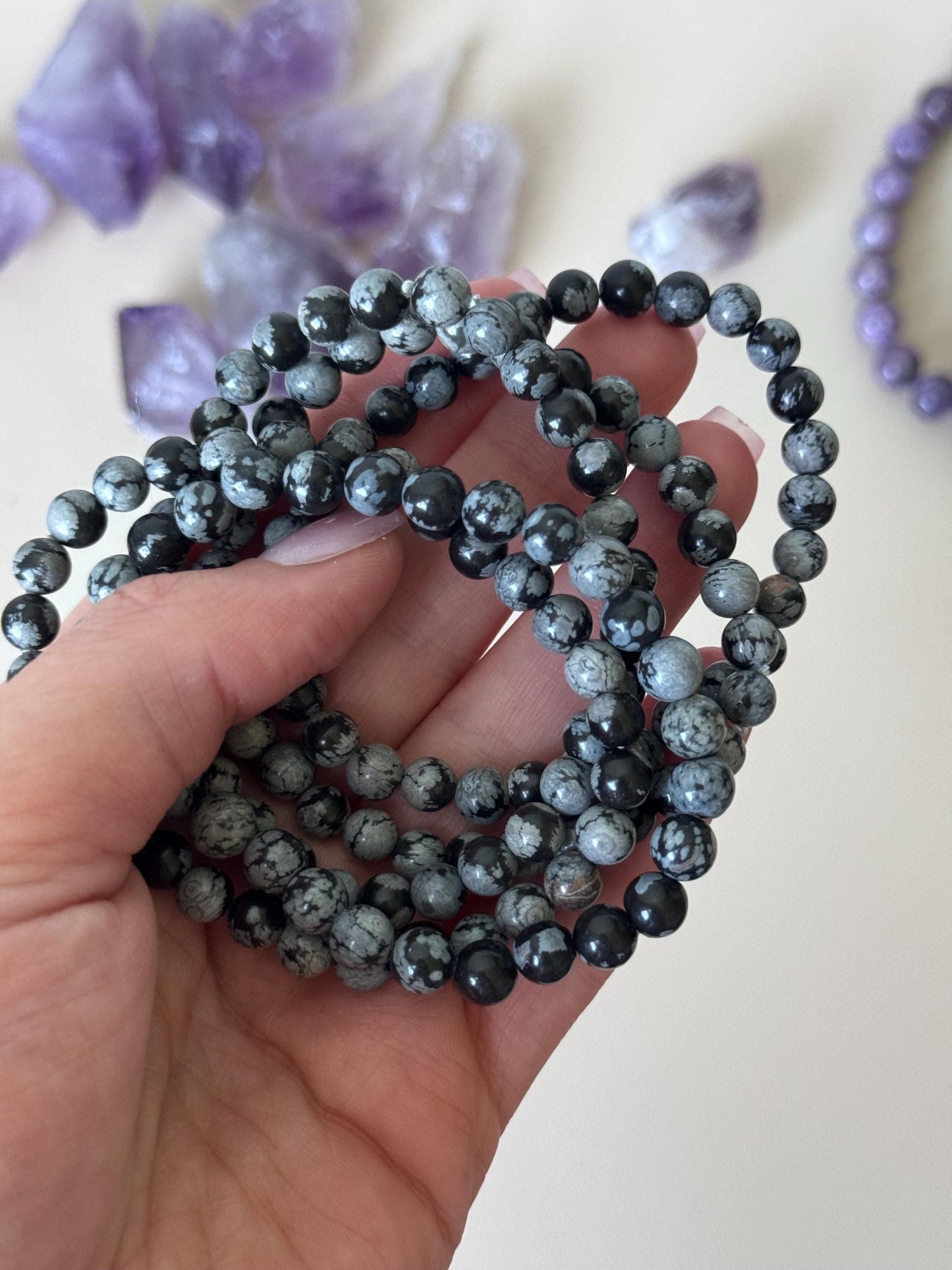 Gorgeous Snowflake Obsidian Bracelet | Snowflake Obsidian Beaded Bracelets 6mm