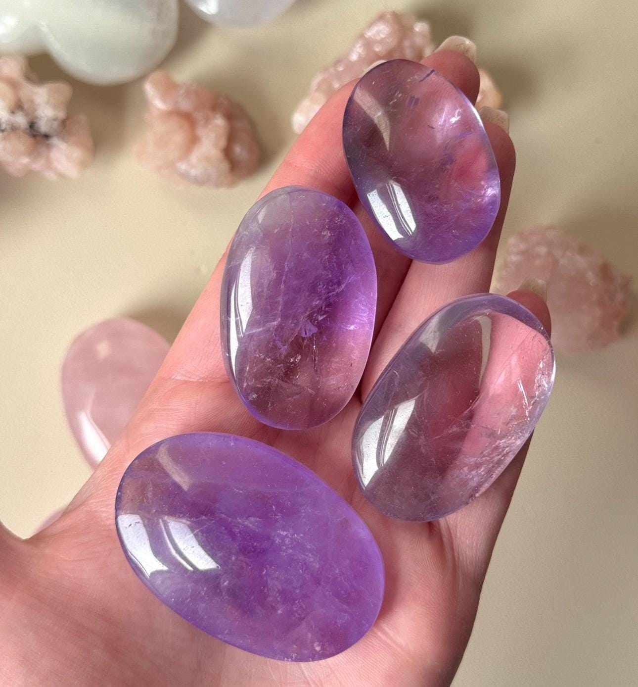 High Quality Amethyst Palm Stones from Brazil | Phantom Amethyst Pillow Carvings