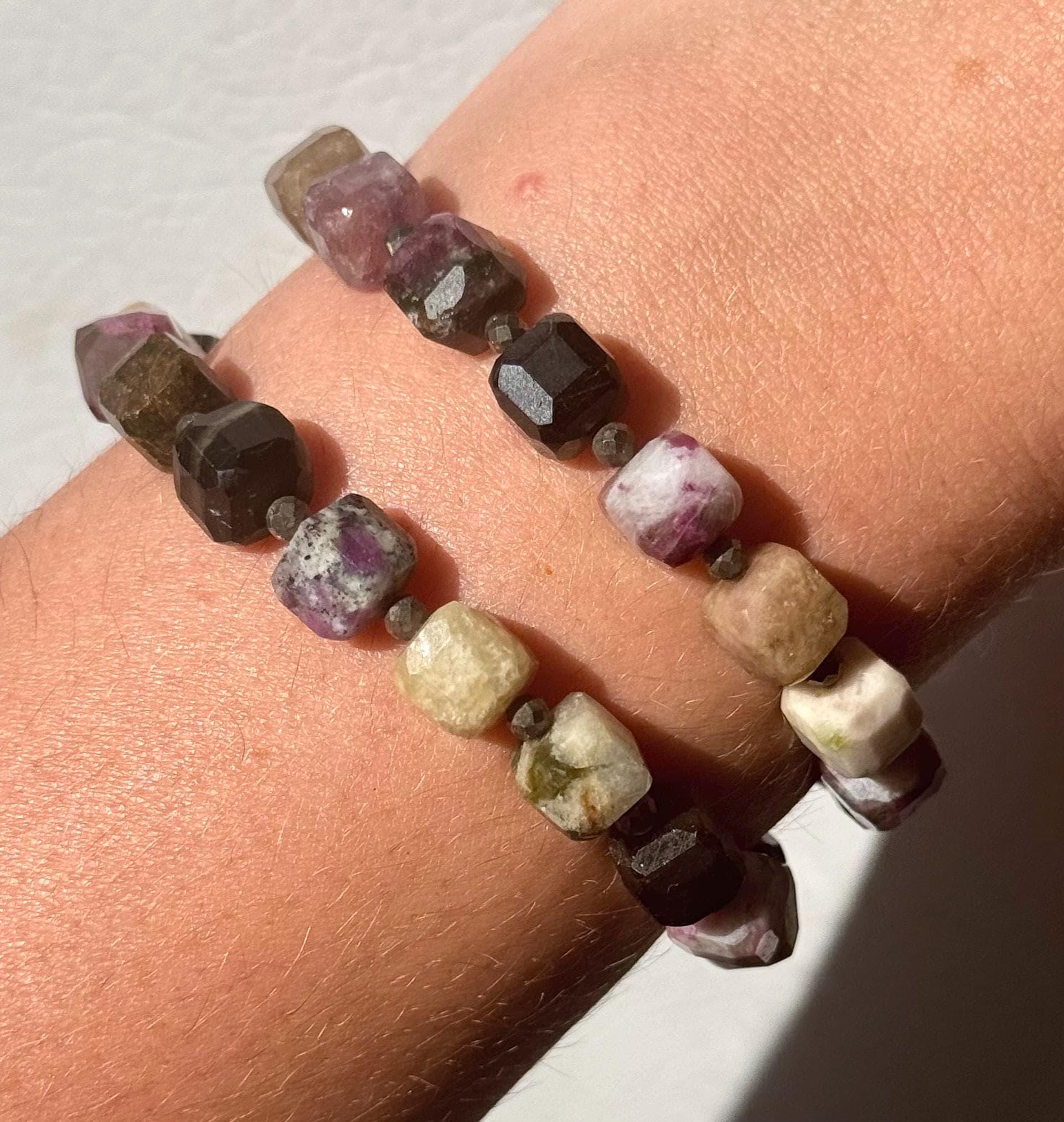 Stunning Watermelon Tourmaline & Pyrite Beaded Bracelet | 10mm Cube Beads Rainbow Tourmaline Accessory