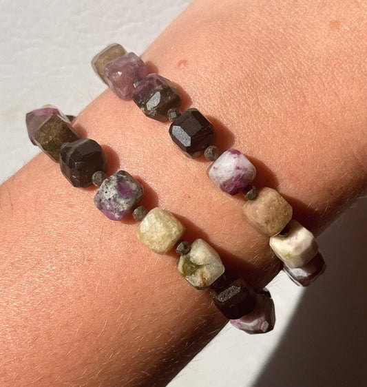 Stunning Watermelon Tourmaline & Pyrite Beaded Bracelet | 10mm Cube Beads Rainbow Tourmaline Accessory