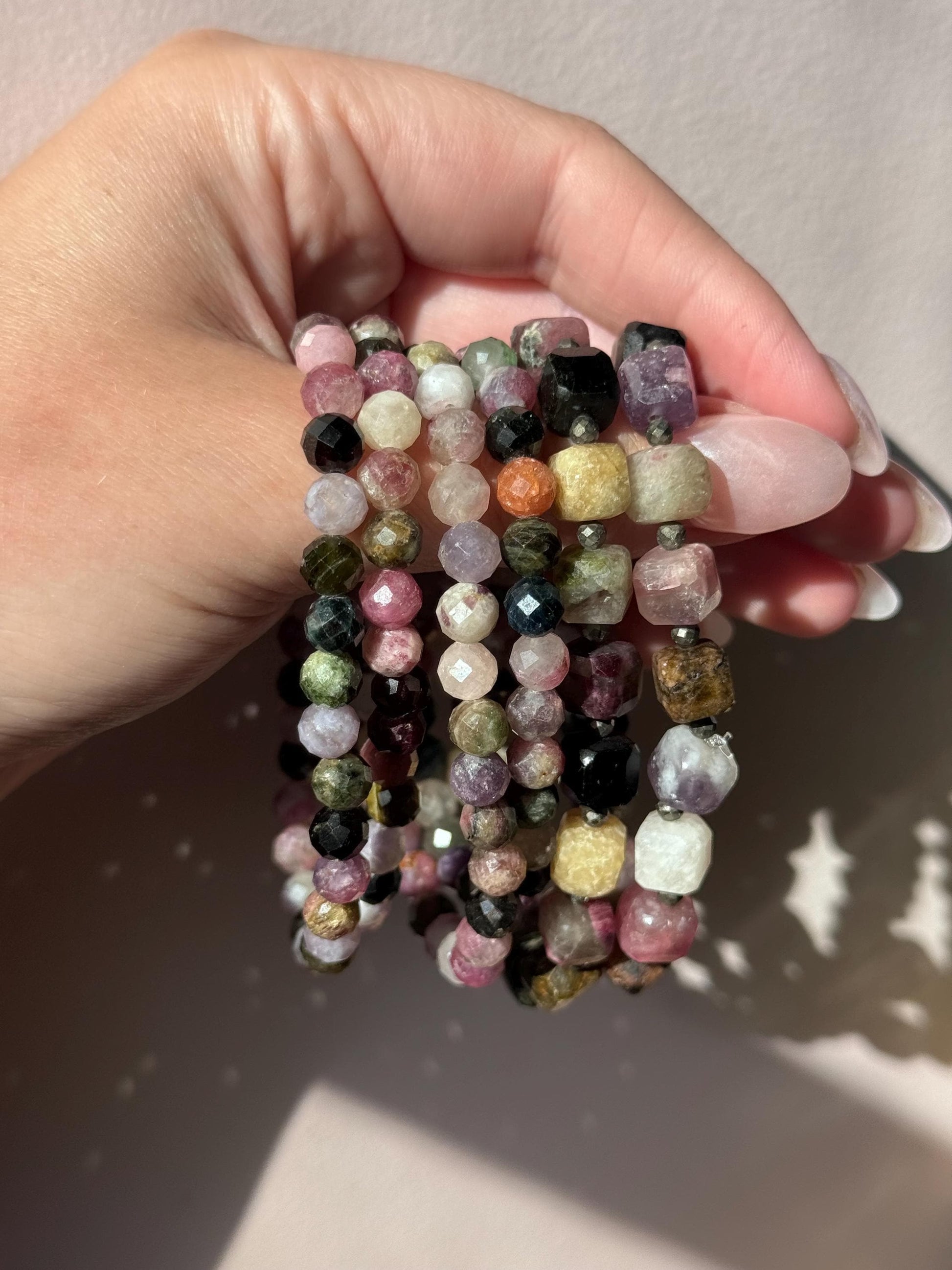 Stunning Watermelon Tourmaline & Pyrite Beaded Bracelet | 10mm Cube Beads Rainbow Tourmaline Accessory