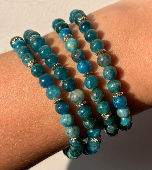 Beautiful Blue Apatite Bracelet with 18KT Gold Plated Accents | 6mm Blue Apatite Beaded Bracelet