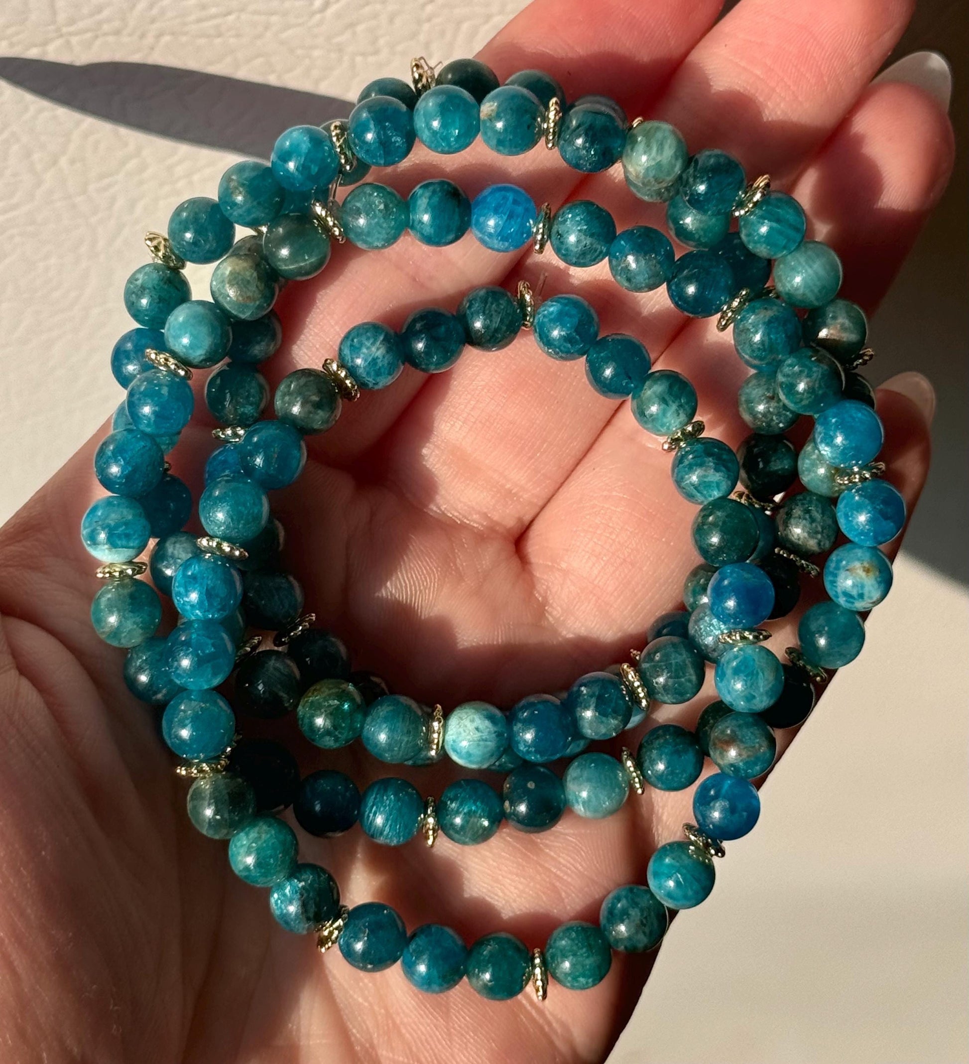 Beautiful Blue Apatite Bracelet with 18KT Gold Plated Accents | 6mm Blue Apatite Beaded Bracelet