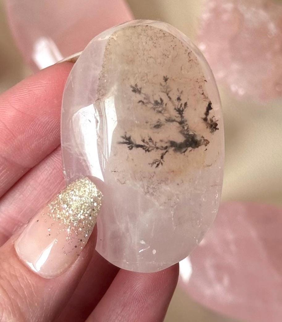 Gorgeous Rose Quartz Palmstone with Dentritic Inclusions | Dentritic Rose Quartz Palm Stone