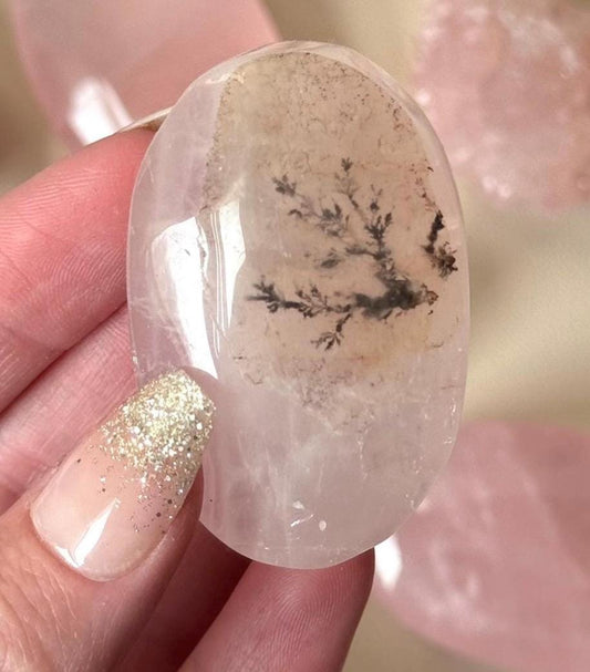 Gorgeous Rose Quartz Palmstone with Dentritic Inclusions | Dentritic Rose Quartz Palm Stone
