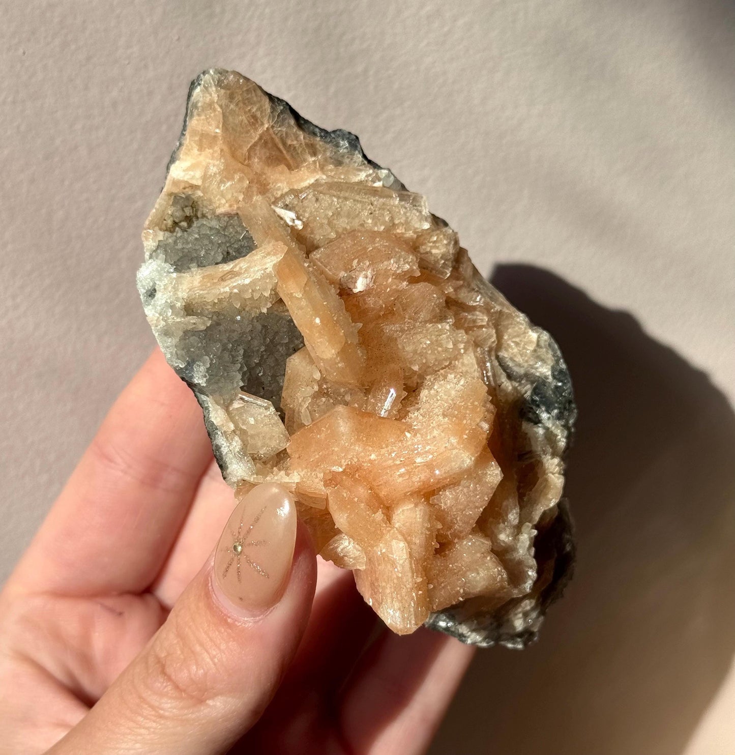 Beautiful Druzy Blue Chalcedony with Peach Stillbites Cluster from India