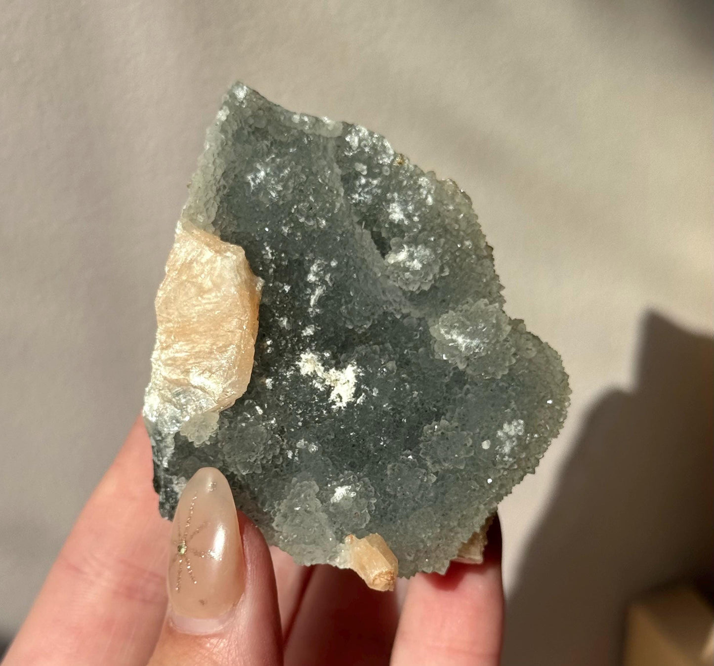 Beautiful Druzy Blue Chalcedony with Peach Stillbites Cluster from India