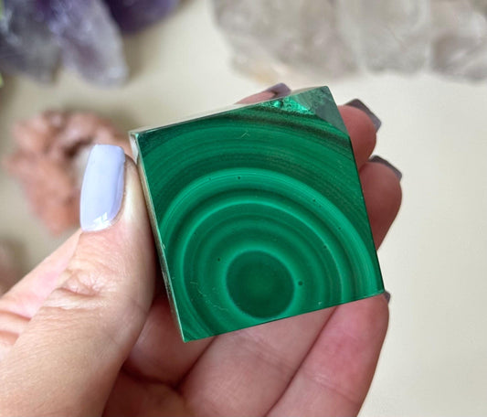 Beautiful Malachite Cube | Banded Malachite Tilted Cube Polished